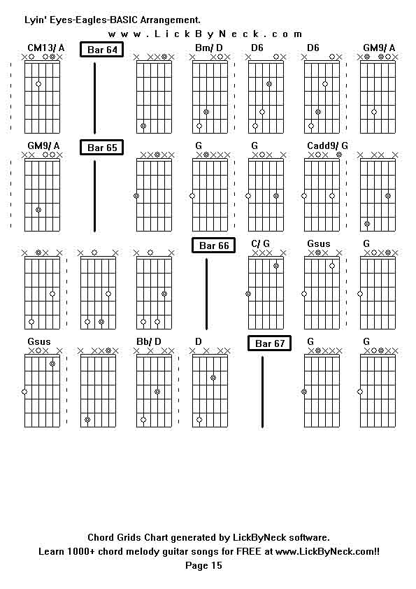 Chord Grids Chart of chord melody fingerstyle guitar song-Lyin' Eyes-Eagles-BASIC Arrangement,generated by LickByNeck software.